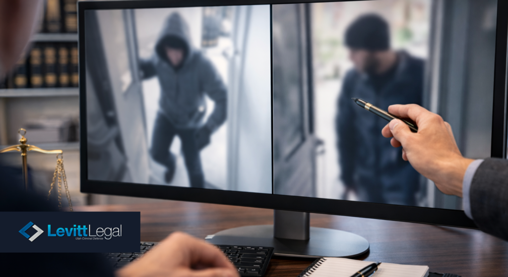Lawyer analyzing surveillance video while preparing defense for burglary charges in Utah