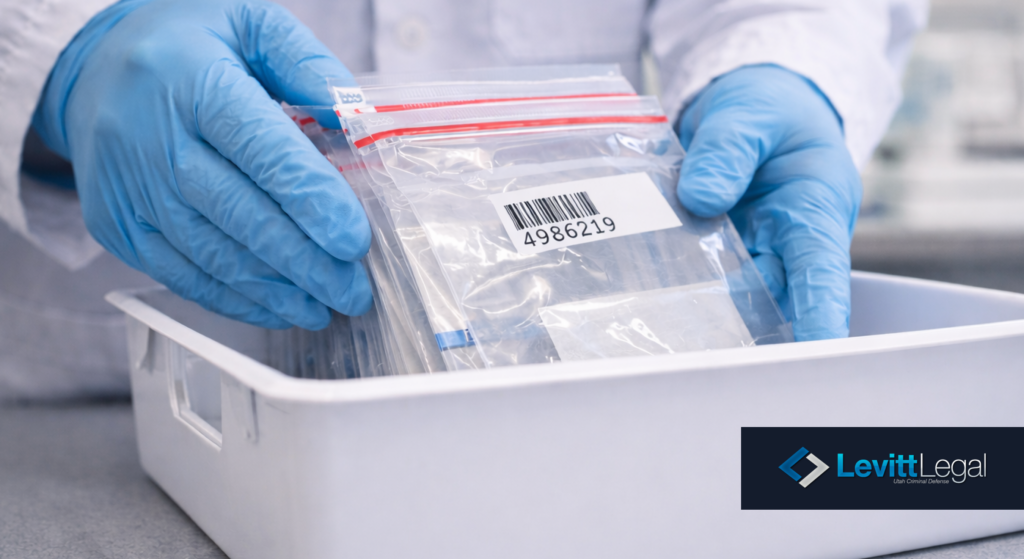 Gloved hands placing sealed evidence bags with barcodes into Chain of Custody tray