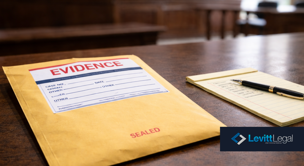 Sealed evidence envelope on courtroom table for illegal search and seizure drug case