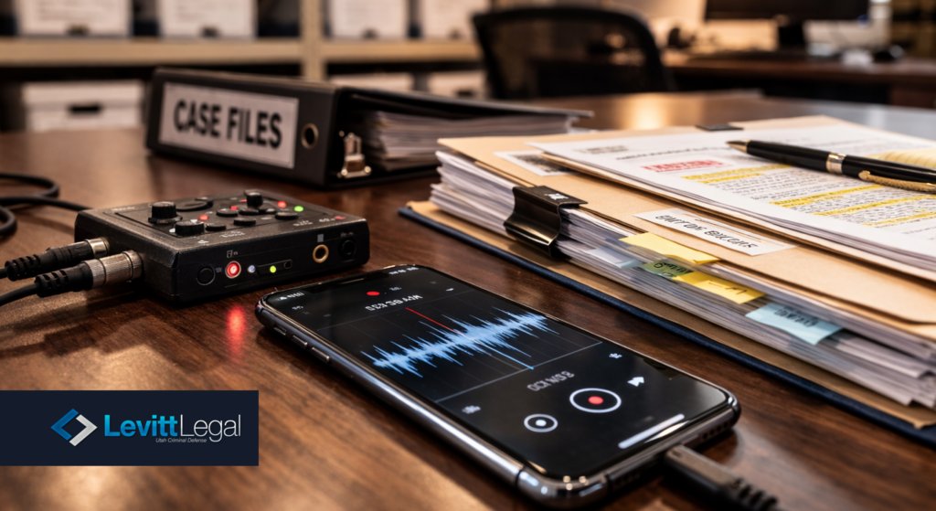 Smartphone connected to audio recorder beside case files in federal drug conspiracy charges case