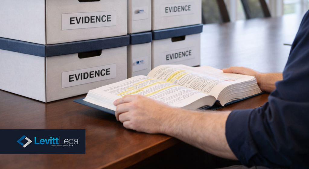 Attorney reviewing legal book beside stacked evidence boxes in drug trafficking case