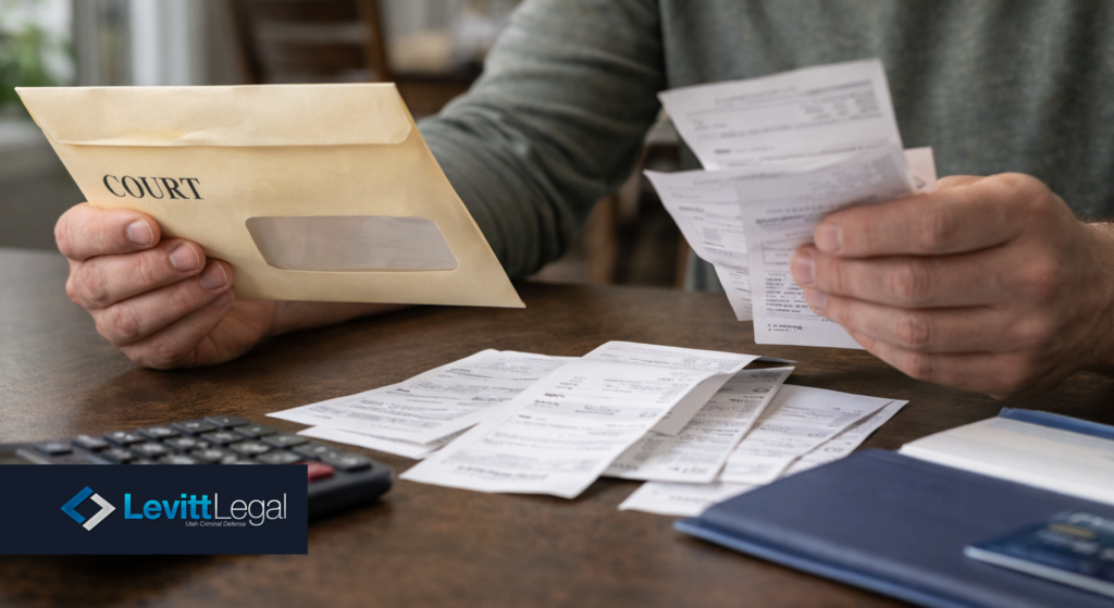 Landscape close-up of a person seated at a dining table holding an official-looking court envelope in one hand while reviewing a stack of payment receipts and a calculator in front of them, checkbook and credit card resting nearby, natural daylight from a side window, shallow depth of field focused on the hands and paperwork, clearly conveying the financial impact of a second DUI fine.