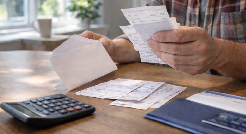 Close-up of person organizing court receipts for felony 402 reduction Utah