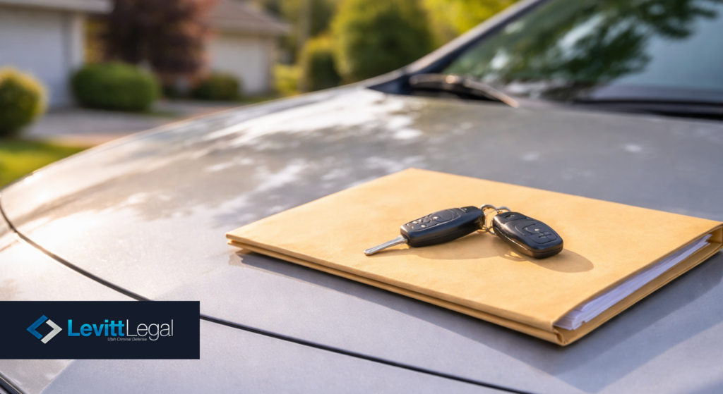 Parked vehicle with keys and case file during civil asset forfeiture Utah investigation