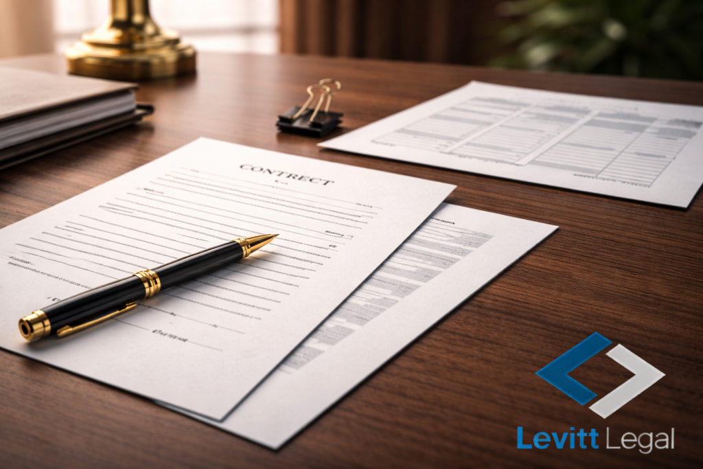 A contract document lies on a wooden desk with a black and gold pen placed across it, ready for signing. Additional paperwork and binder clips sit nearby, with a blurred lamp and office setting in the background. The “Levitt Legal” logo appears in the lower right corner.