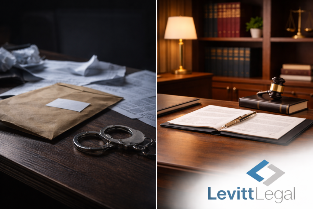 Split image showing two contrasting legal scenes: on the left, handcuffs beside a sealed evidence envelope and scattered paperwork on a dark table; on the right, a law office desk with an open binder and pen, a gavel resting on stacked books, and bookshelves and a lamp in the background. The Levitt Legal logo appears in the bottom right corner.
