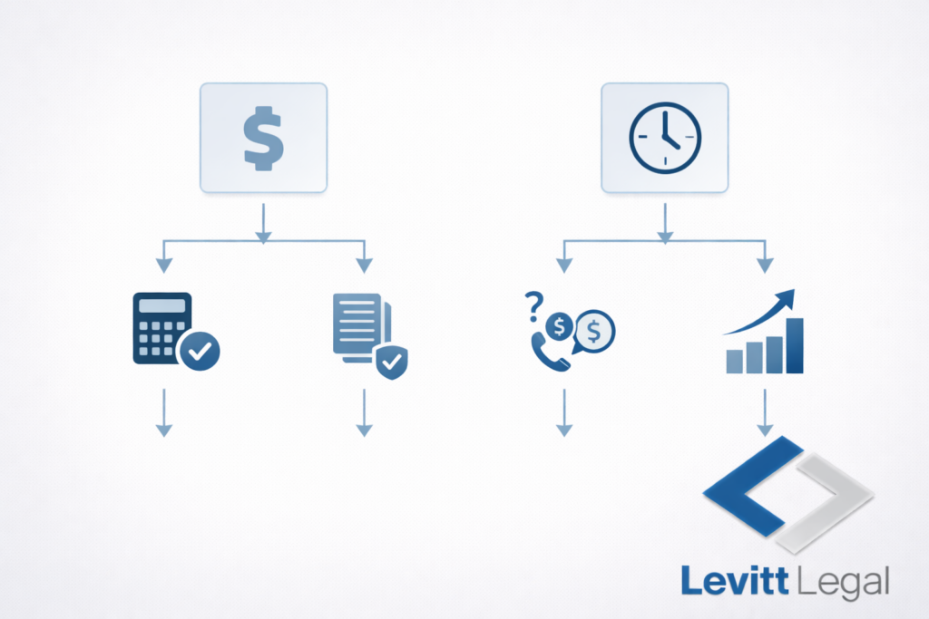 A blue-toned infographic shows a dollar sign branching to a calculator and approved documents, and a clock branching to a phone with money symbols and an upward-trending bar chart, illustrating how cost and time impact financial outcomes. The “Levitt Legal” logo appears in the lower right corner.