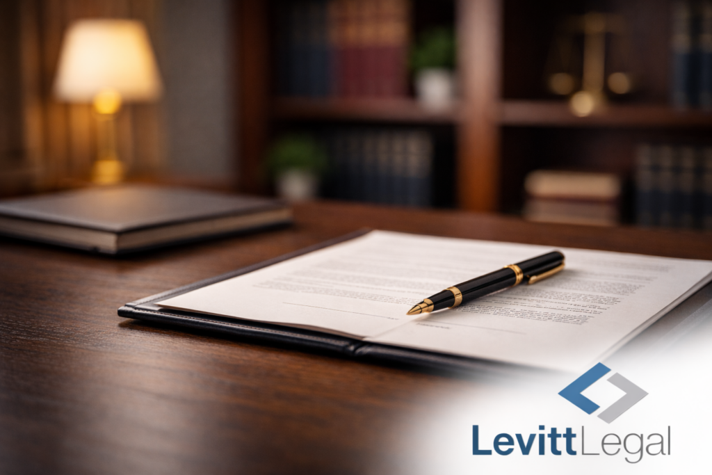 Open binder with a printed legal document on a polished wooden desk, a black and gold pen resting across the pages; bookshelves, a lamp, and office decor are softly blurred in the background. The Levitt Legal logo appears in the bottom right corner.