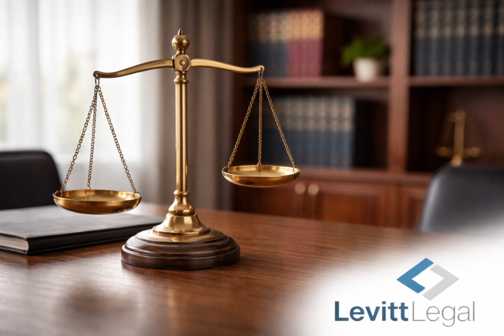 Gold scales of justice balanced on a wooden desk in a law office, with a closed binder nearby and bookshelves and a potted plant softly blurred in the background. The Levitt Legal logo appears in the bottom right corner.