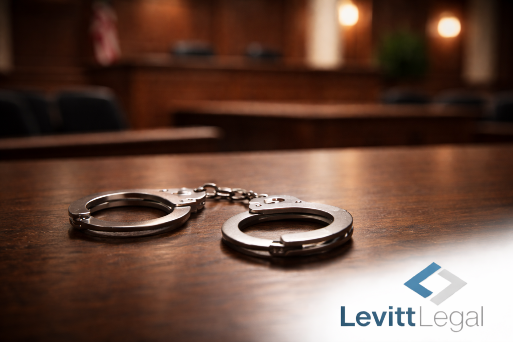 Close-up of metal handcuffs resting on a polished wooden courtroom table, with the judge’s bench and an American flag softly blurred in the background. The Levitt Legal logo appears in the bottom right corner.