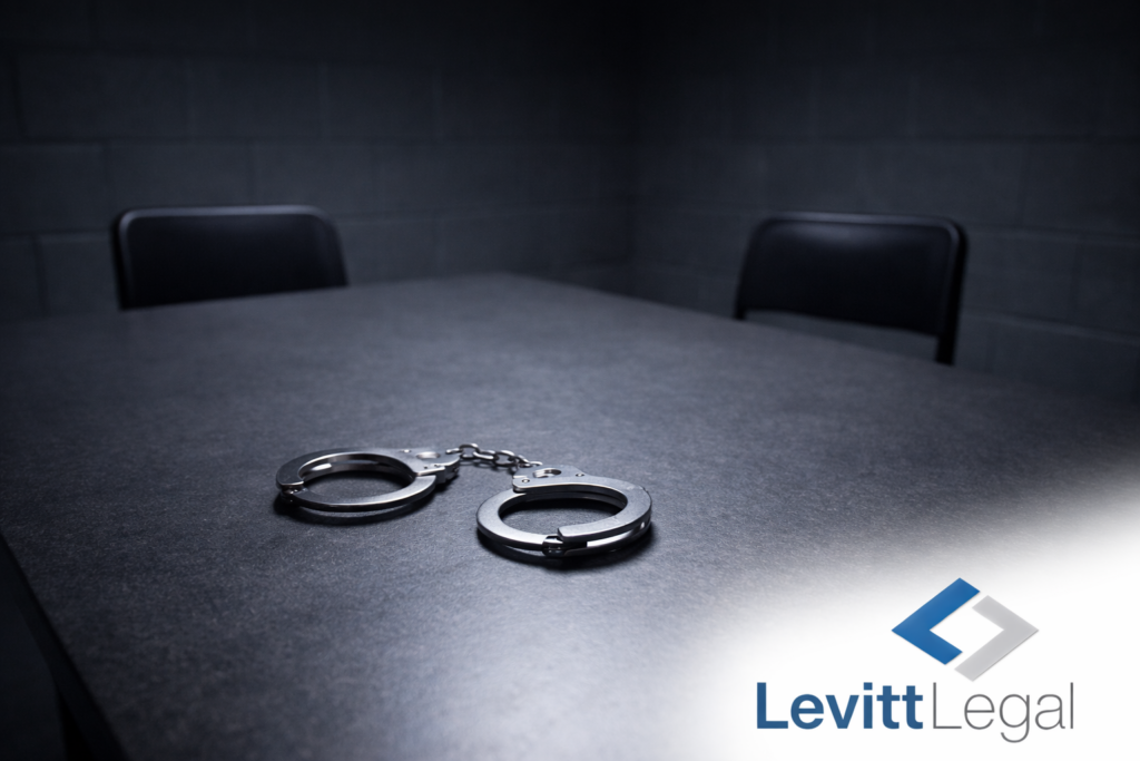 Metal handcuffs resting on a dark interrogation room table, with two empty chairs facing each other against a gray cinderblock wall; low, dramatic lighting creates a somber mood. The Levitt Legal logo appears in the bottom right corner.
