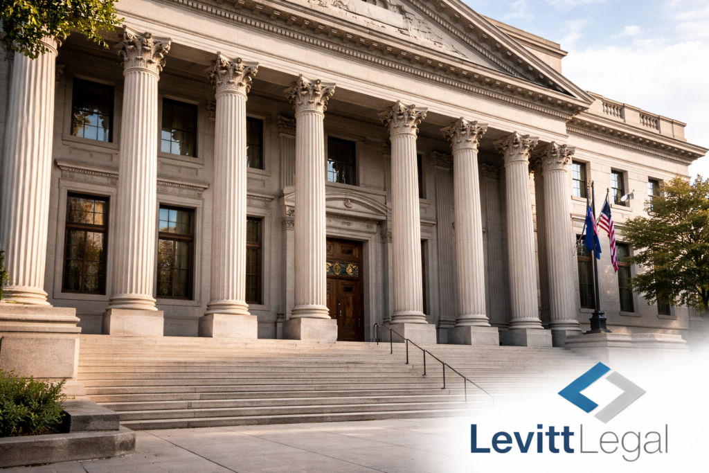 Front view of a large neoclassical courthouse with tall Corinthian columns, wide stone steps, and a central wooden entrance door; U.S. and state flags stand near the facade, and the Levitt Legal logo appears in the bottom right corner.
