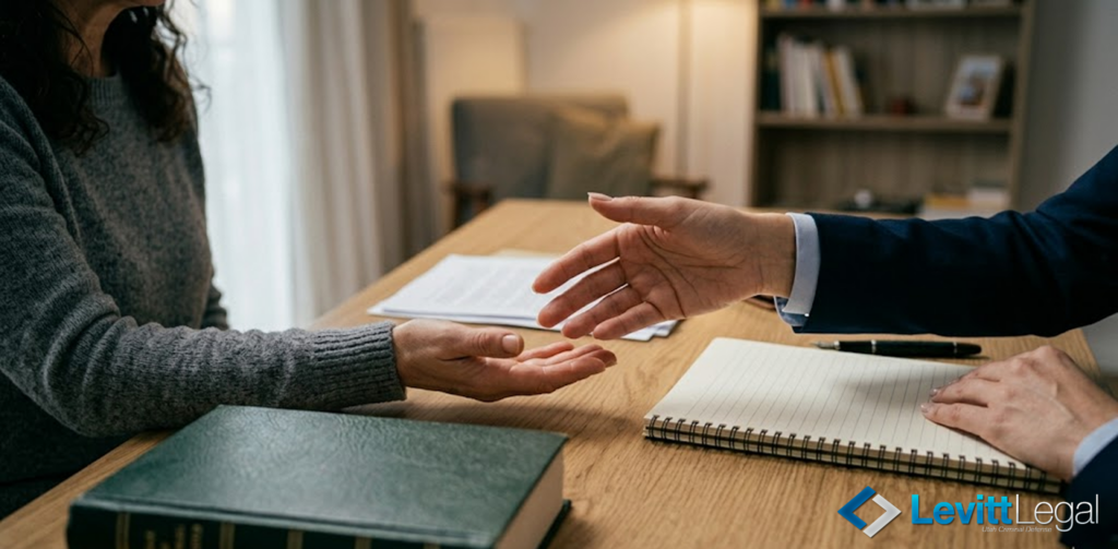 A person in a professional suit reaches out to shake hands with a client across a wooden desk, signifying an agreement or a successful consultation. The workspace is set in a home office or private study with books and a notepad present, and the Levitt Legal logo is displayed in the bottom right corner.