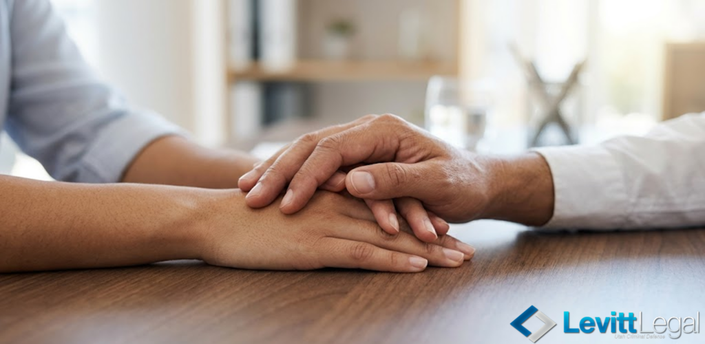 A close-up shot of two people’s hands clasped together on a wooden desk, conveying support and reassurance during a legal consultation. The scene is brightly lit with a soft-focus office background, featuring the Levitt Legal logo in the bottom right corner.