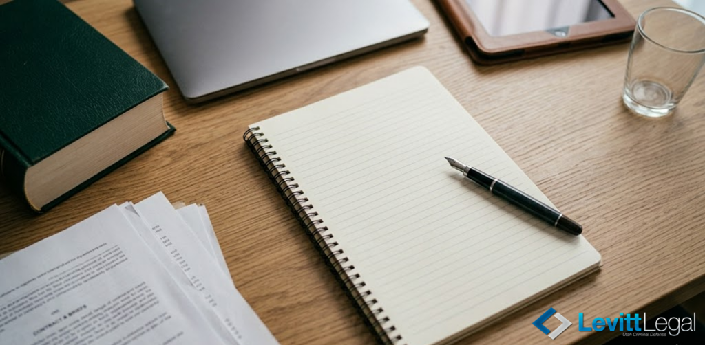 An overhead view of an organized wooden desk featuring an open, lined notebook and a fountain pen ready for use. The workspace includes a green hardcover book, legal documents, a laptop, and a tablet, with the Levitt Legal logo in the bottom right corner.