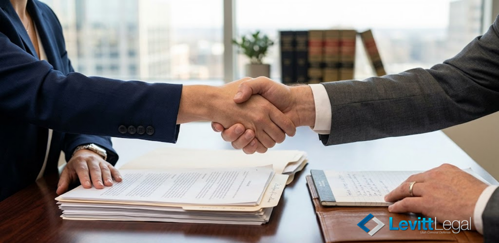 Two professionals in suits exchange a firm handshake over a desk cluttered with legal files and a notepad. The background features a large window with a city view and law books on a shelf, with the Levitt Legal logo positioned in the bottom right corner.