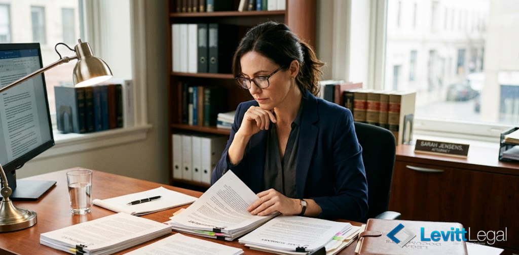 A female attorney wearing glasses and a navy blazer sits at her desk, deeply focused while reviewing a stack of legal documents. Her office is well-organized with a computer monitor, a desk lamp, and bookshelves in the background, featuring the Levitt Legal logo in the bottom right corner.