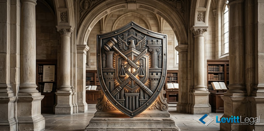 An ornate, metallic crest shaped like a shield stands in the center of a grand, stone-arched law library. The crest features intricate legal symbols, including a gavel, scales of justice, an eagle, and classical columns. The background shows rows of bookshelves and stone pillars, with the Levitt Legal logo in the bottom right corner.