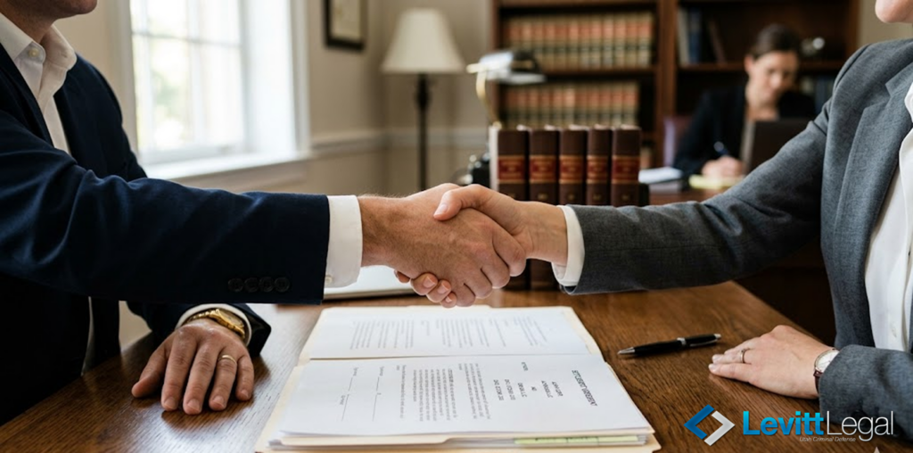 Two professionals in business attire exchange a firm handshake over a signed legal document on a wooden desk. The office setting includes a row of law books and a bookshelf in the background, with the Levitt Legal logo positioned in the bottom right corner.