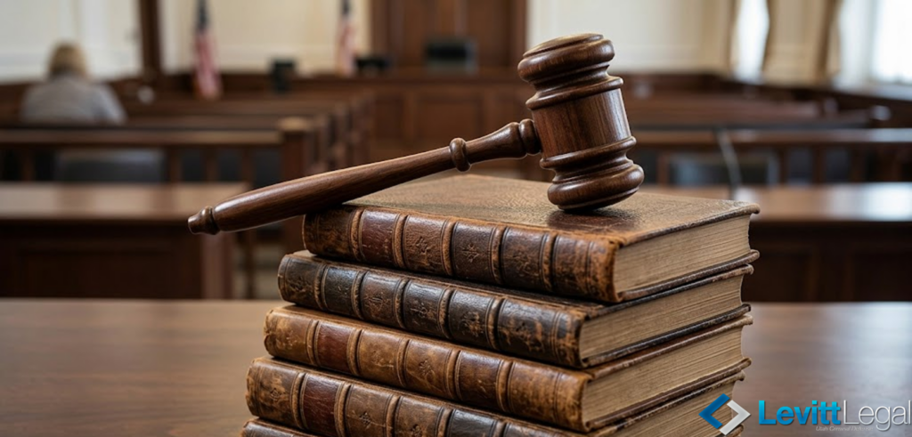 A wooden gavel rests on a stack of five antique, leather-bound law books in the center of a courtroom. The background shows blurred wooden pews and the judge's bench, with the Levitt Legal logo positioned in the bottom right corner.