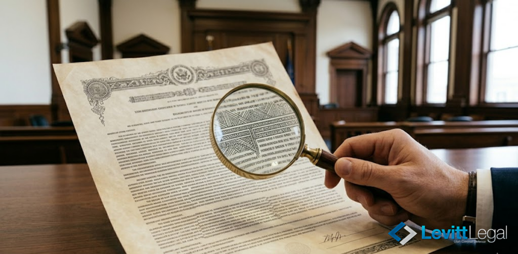 A hand holds a magnifying glass over an official federal document, such as a bail bond or court order, to examine the fine print. The background features the interior of a traditional courtroom with wooden pews and paneling, and the Levitt Legal logo is located in the bottom right corner.