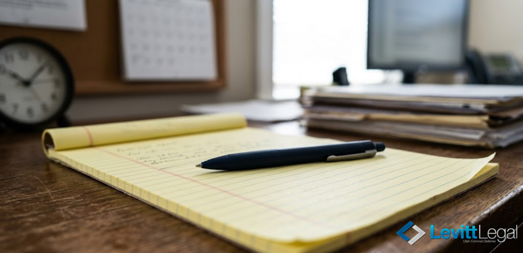 A blue ballpoint pen rests on a yellow legal pad with handwritten notes on a wooden desk. The background features a blurred office setting with a stack of papers, a computer monitor, and a clock, with the Levitt Legal logo positioned in the bottom right corner.