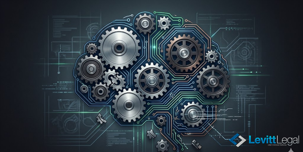 A conceptual illustration of a human brain silhouette filled with interlocking metallic gears and circuit board pathways, symbolizing complex analytical thinking and forensic logic. The mechanical brain is set against a dark background with faint technical blueprints and glowing data lines, featuring the Levitt Legal logo in the bottom right corner.