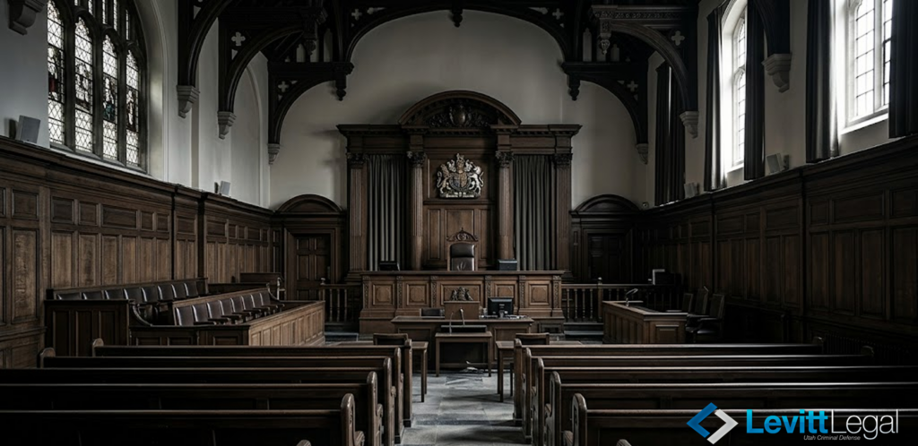 An empty, traditional courtroom with ornate dark wood paneling, high arched ceilings, and rows of wooden benches facing the judge's bench. The Levitt Legal logo is positioned in the bottom right corner.