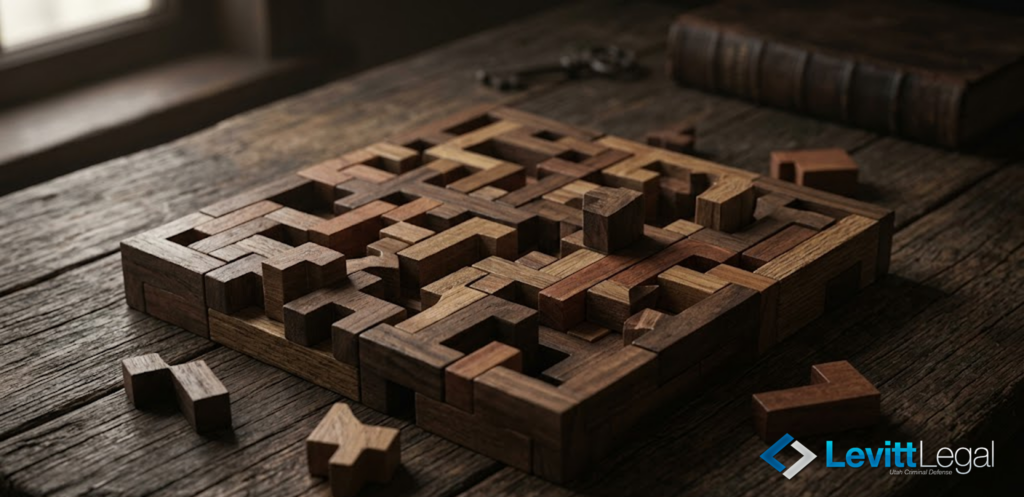 A complex wooden 3D puzzle rests on a rustic table, symbolizing legal strategy and intricate problem-solving. Scattered puzzle pieces, an old key, and a leather-bound book lie nearby, with the Levitt Legal logo in the bottom right corner.