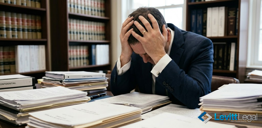 A man in a suit sits at a desk with his head in his hands, appearing stressed or overwhelmed by the large stacks of legal documents and confidential files surrounding him. Law books line the shelves in the background, and the Levitt Legal logo is in the bottom right corner.