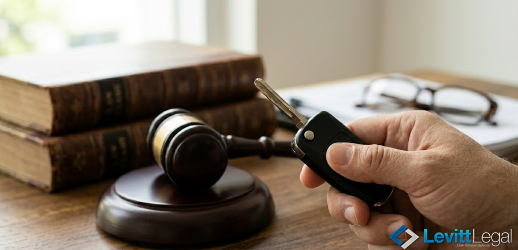A hand holds a car key fob in the foreground, with a wooden gavel and two leather-bound law books resting on a desk in the background. The scene represents the legal intersection of driving privileges and the law, featuring the Levitt Legal logo in the bottom right corner.