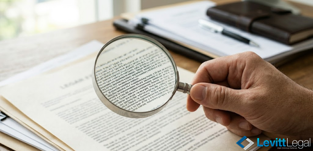 A hand holds a magnifying glass over a legal document, symbolizing a close examination of case details. The background shows a wooden desk with a clipboard and folder, and the Levitt Legal logo is featured in the bottom right corner.