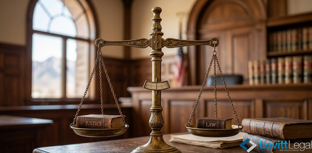 A brass scale of justice sits balanced on a wooden desk in a courtroom. Small books labeled "JUSTICE" and "LAW" rest on the scale's pans. The background features a blurred courtroom interior with wooden paneling, a bookshelf, and a window, with the Levitt Legal logo in the bottom right corner.