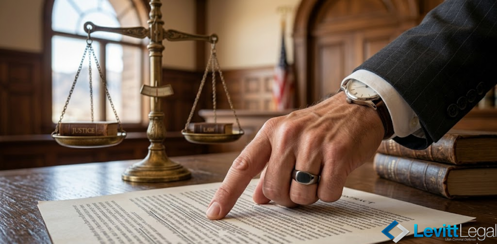 A man in a suit points his finger at a specific line on a legal contract lying on a wooden desk. In the background, a brass scale of justice holds small books labeled "JUSTICE" and "LAW," set against a blurred courtroom backdrop. The Levitt Legal logo is positioned in the bottom right corner.